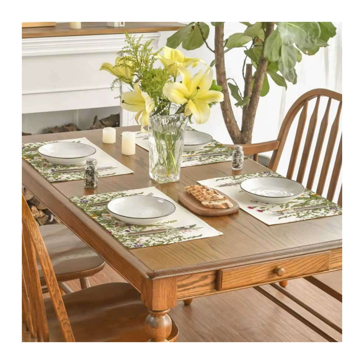 VIKAMA Sommer-Tischsets in Weiß mit Vintage Kräuter- und Wildblumenmuster, rutschfeste und hitzebeständige Platzdeckchen zur Tischdekoration - Bild 5