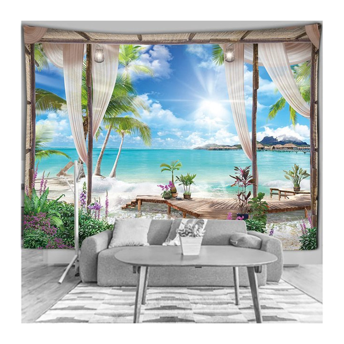 VIKAMA Sommer-Wandteppich mit Fensteransicht Kirschblüten und tropischem Strand, mehrfarbig, Textil - Bild 1