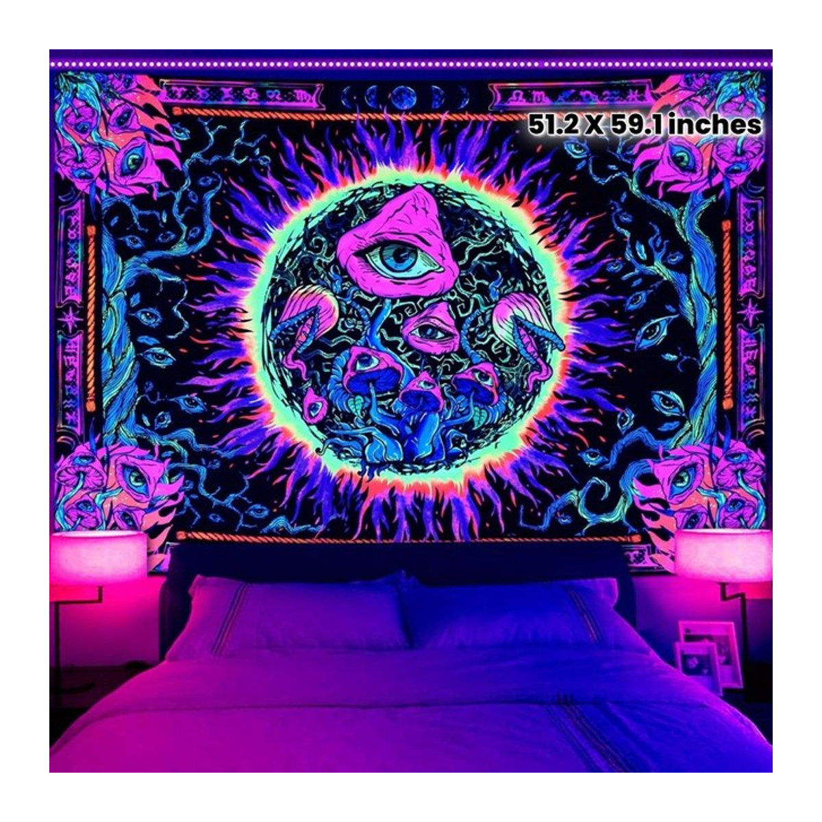 VIKAMA Sonnen-Mandala Wandteppich mit fluoreszierenden Pilzaugen, psychedelischer Wandbehang im Bohemian-Stil, mehrfarbig, rechteckig - Bild 1