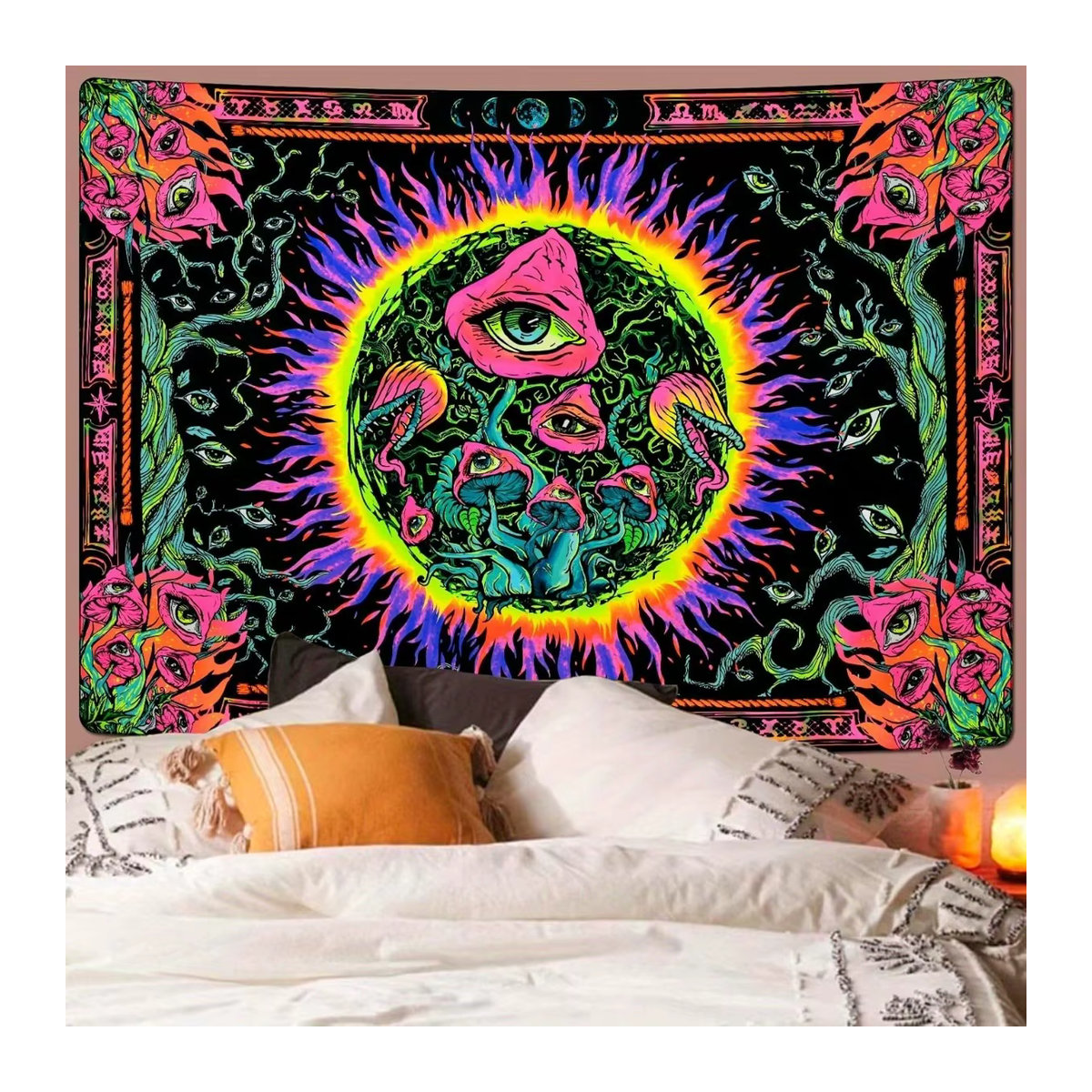 VIKAMA Sonnen-Mandala Wandteppich mit fluoreszierenden Pilzaugen, psychedelischer Wandbehang im Bohemian-Stil, mehrfarbig, rechteckig - Bild 2