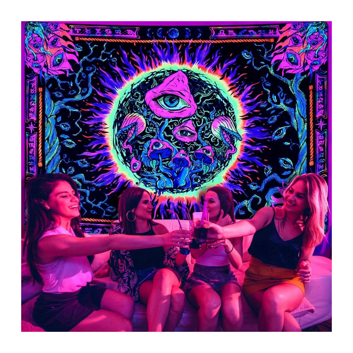 VIKAMA Sonnen-Mandala Wandteppich mit fluoreszierenden Pilzaugen, psychedelischer Wandbehang im Bohemian-Stil, mehrfarbig, rechteckig - Bild 3