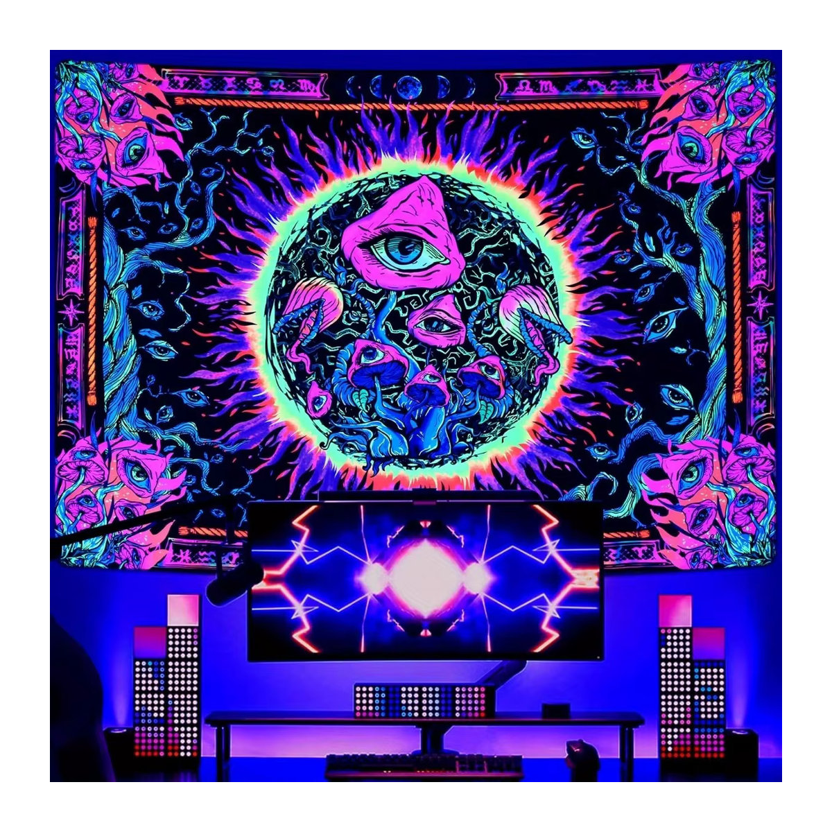 VIKAMA Sonnen-Mandala Wandteppich mit fluoreszierenden Pilzaugen, psychedelischer Wandbehang im Bohemian-Stil, mehrfarbig, rechteckig - Bild 4