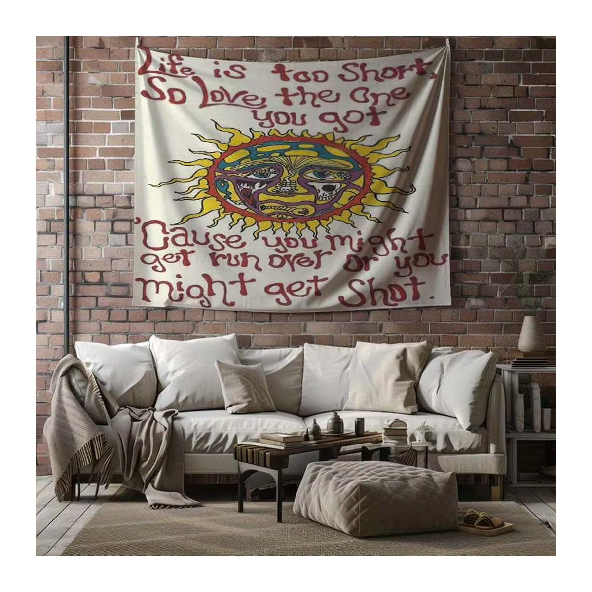 VIKAMA Sonnentapich mit handgeschriebenem Slogan und buntem Smiley-Gesicht in Mehrfarbig für Wohnzimmer und Schlafzimmer - Bild 3