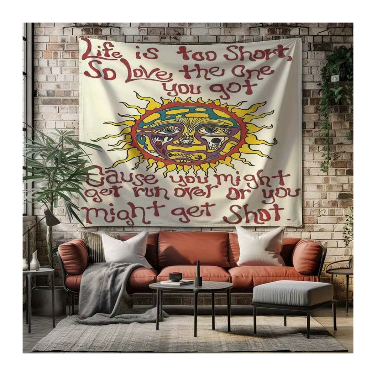 VIKAMA Sonnentapich mit handgeschriebenem Slogan und buntem Smiley-Gesicht in Mehrfarbig für Wohnzimmer und Schlafzimmer - Bild 4