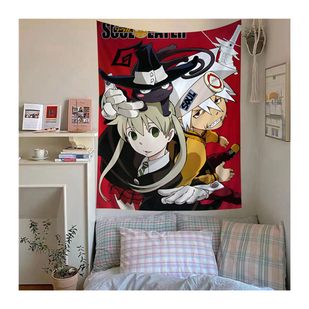 VIKAMA Soul Eater Wandteppich mit Shinigami, Scythe und schwarzer Katze, mehrfarbig, B: 90 cm, H: 60 cm - Bild 1