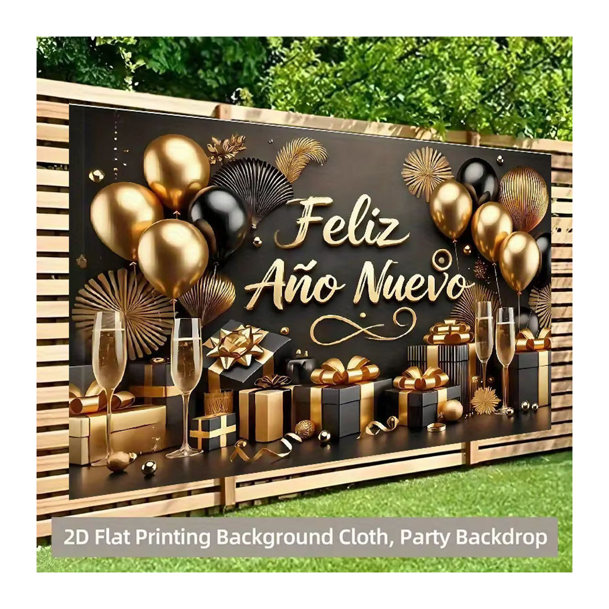 VIKAMA Spanisches Neujahr Wandteppich mit Ballon und Champagner Design in Schwarz, B/H: 60 x 40 cm - Bild 3