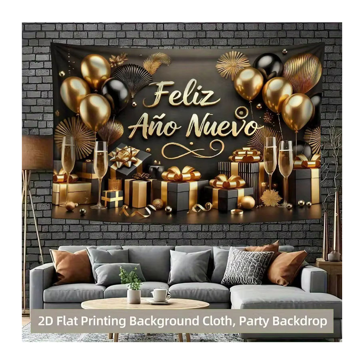 VIKAMA Spanisches Neujahr Wandteppich mit Ballon und Champagner Design in Schwarz, B/H: 60 x 40 cm - Bild 4