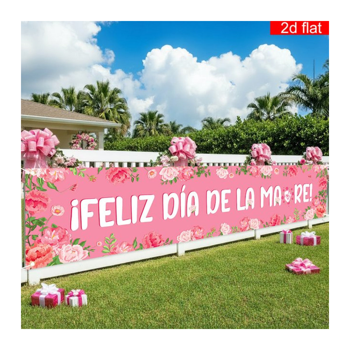 VIKAMA Spanischsprachiges Happy Party Banner zum Muttertag in Rosa mit floralem Design und Buchstaben, H: 40 cm, B: 180 cm - Bild 1