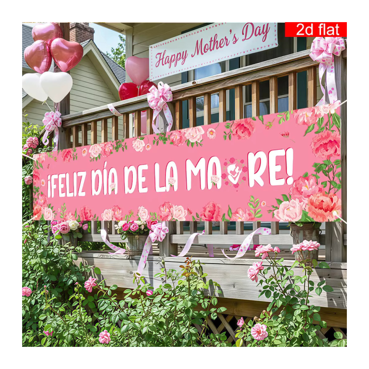 VIKAMA Spanischsprachiges Happy Party Banner zum Muttertag in Rosa mit floralem Design und Buchstaben, H: 40 cm, B: 180 cm - Bild 2
