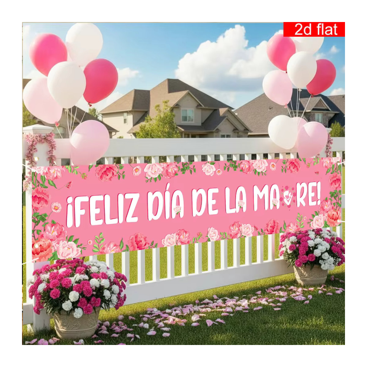 VIKAMA Spanischsprachiges Happy Party Banner zum Muttertag in Rosa mit floralem Design und Buchstaben, H: 40 cm, B: 180 cm - Bild 4