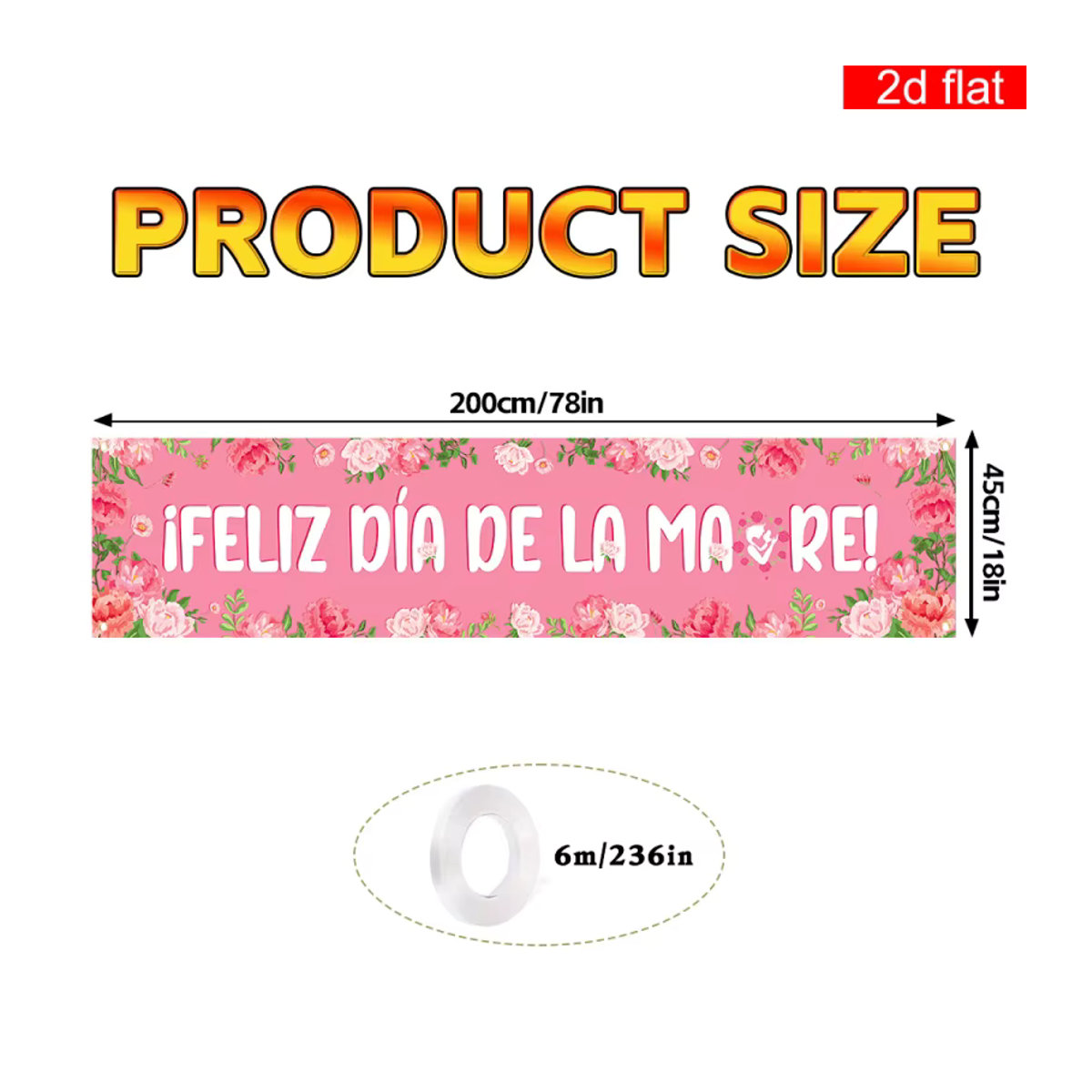 VIKAMA Spanischsprachiges Happy Party Banner zum Muttertag in Rosa mit floralem Design und Buchstaben, H: 40 cm, B: 180 cm - Bild 5