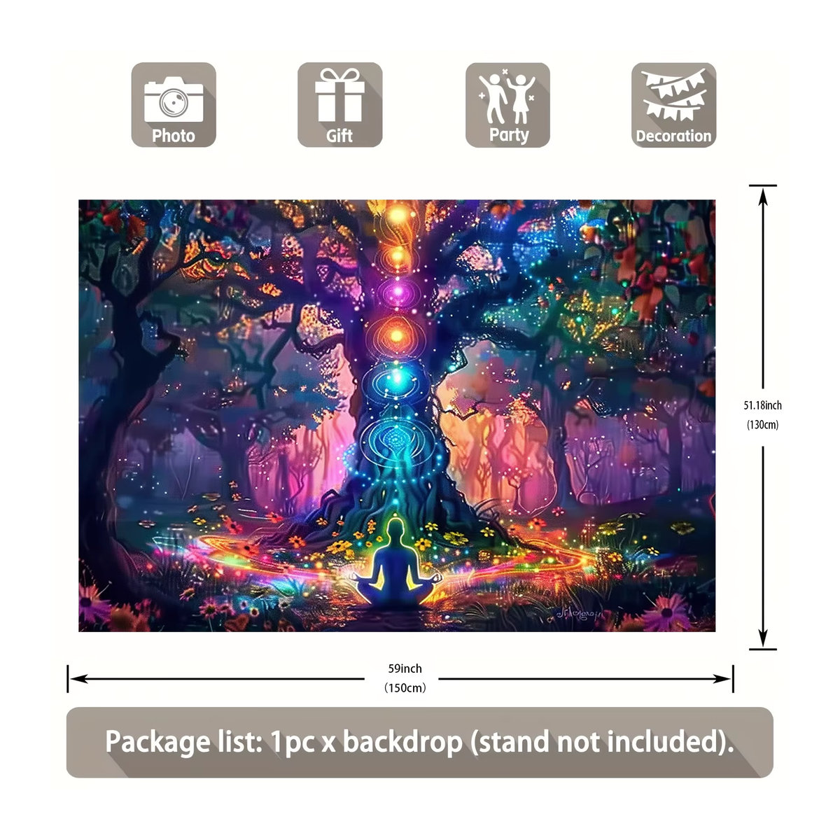 VIKAMA Spiritueller Chakra-Wald-Wandteppich im bohemian Stil, mehrfarbig, Textil, B/H: 60 x 40 cm - Bild 2