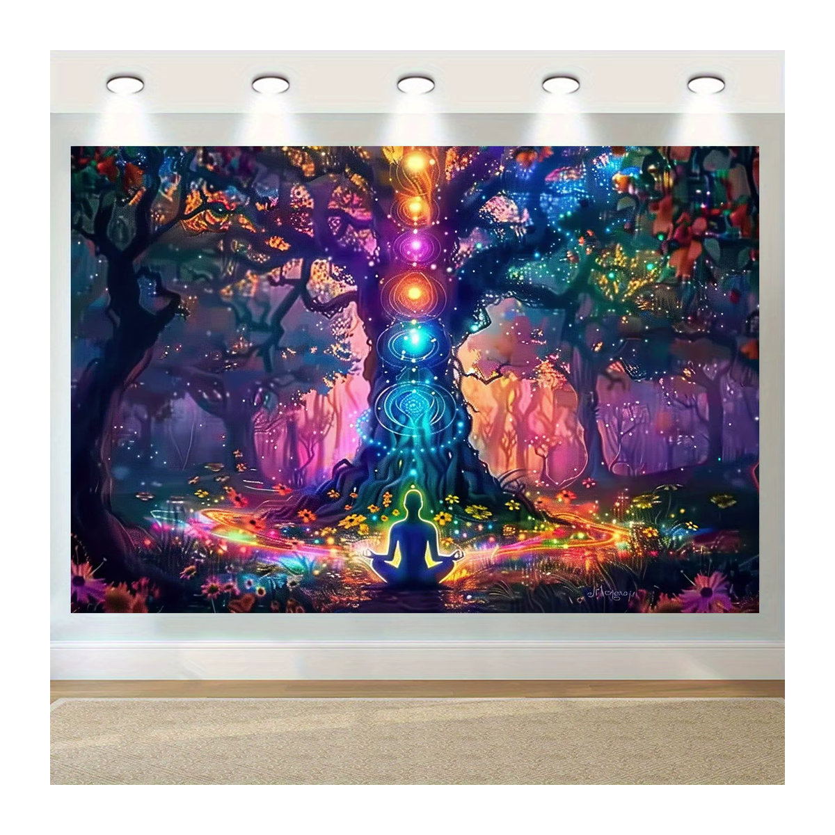 VIKAMA Spiritueller Chakra-Wald-Wandteppich im bohemian Stil, mehrfarbig, Textil, B/H: 60 x 40 cm - Bild 3