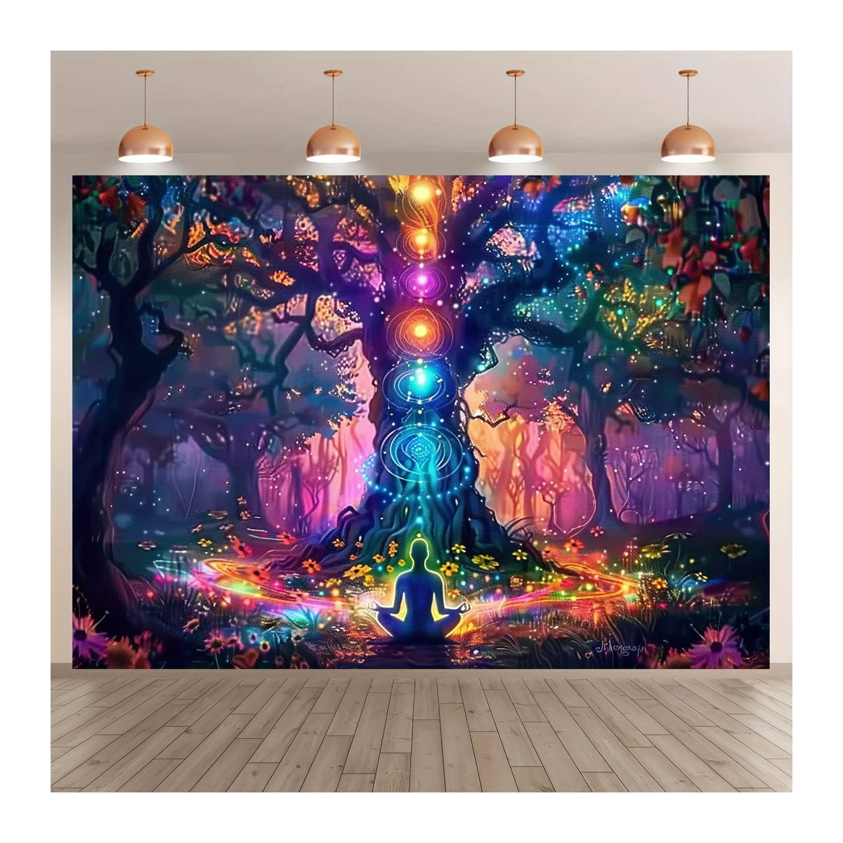 VIKAMA Spiritueller Chakra-Wald-Wandteppich im bohemian Stil, mehrfarbig, Textil, B/H: 60 x 40 cm - Bild 4