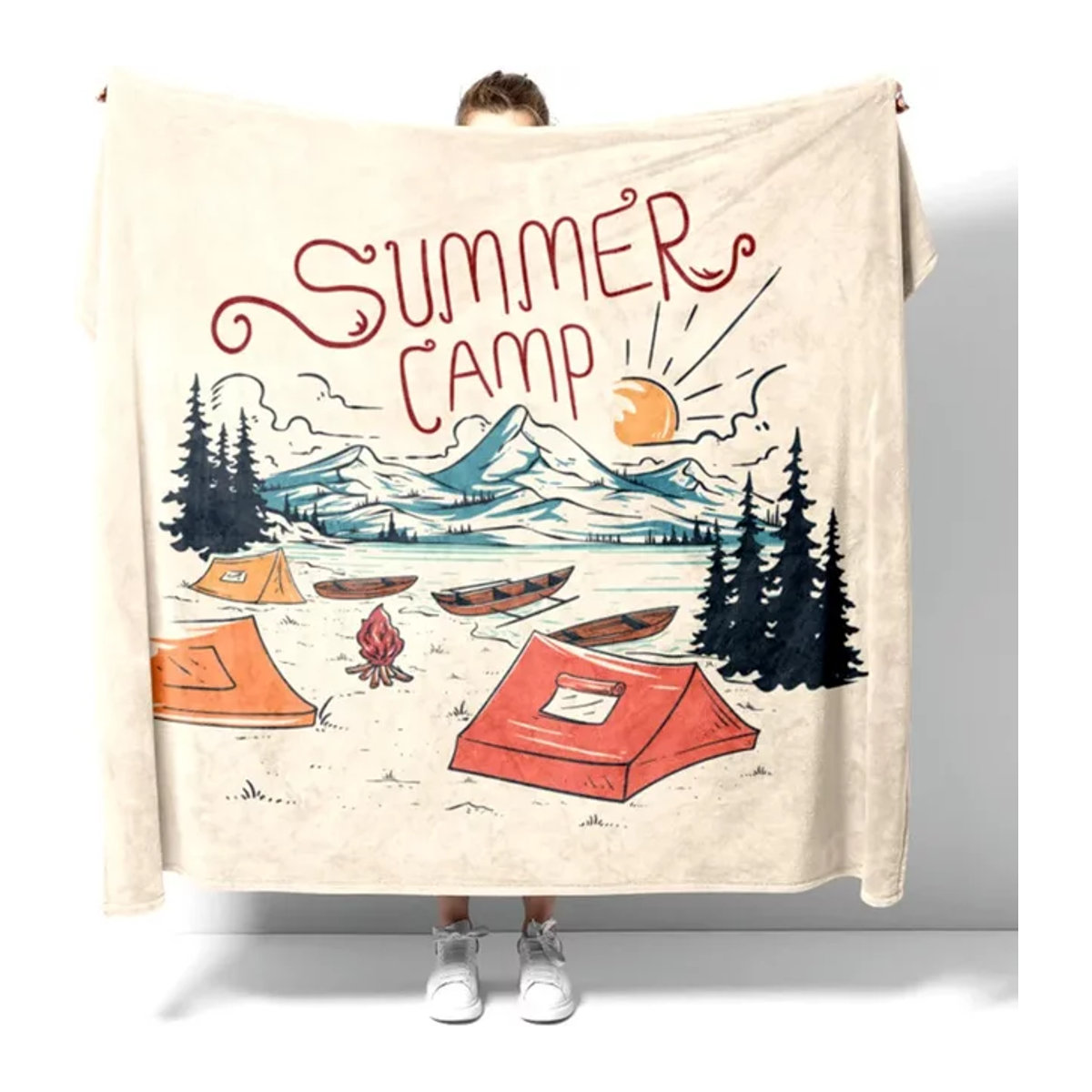 VIKAMA Summer Happy Camper Plaid Decke in Beige, flauschiger Sofa Überwurf als weiche Couchdecke und Dekorationsbezug - Bild 1