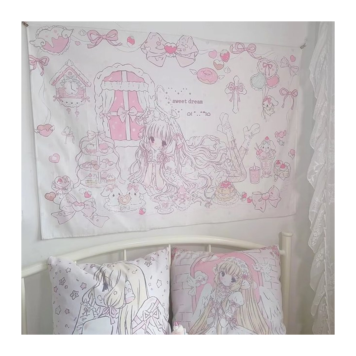 VIKAMA Sweet Dream Lolita Wandteppich mit Schleife und Dessertdruck in Weiß, B/H: 40 x 60 cm - Bild 1