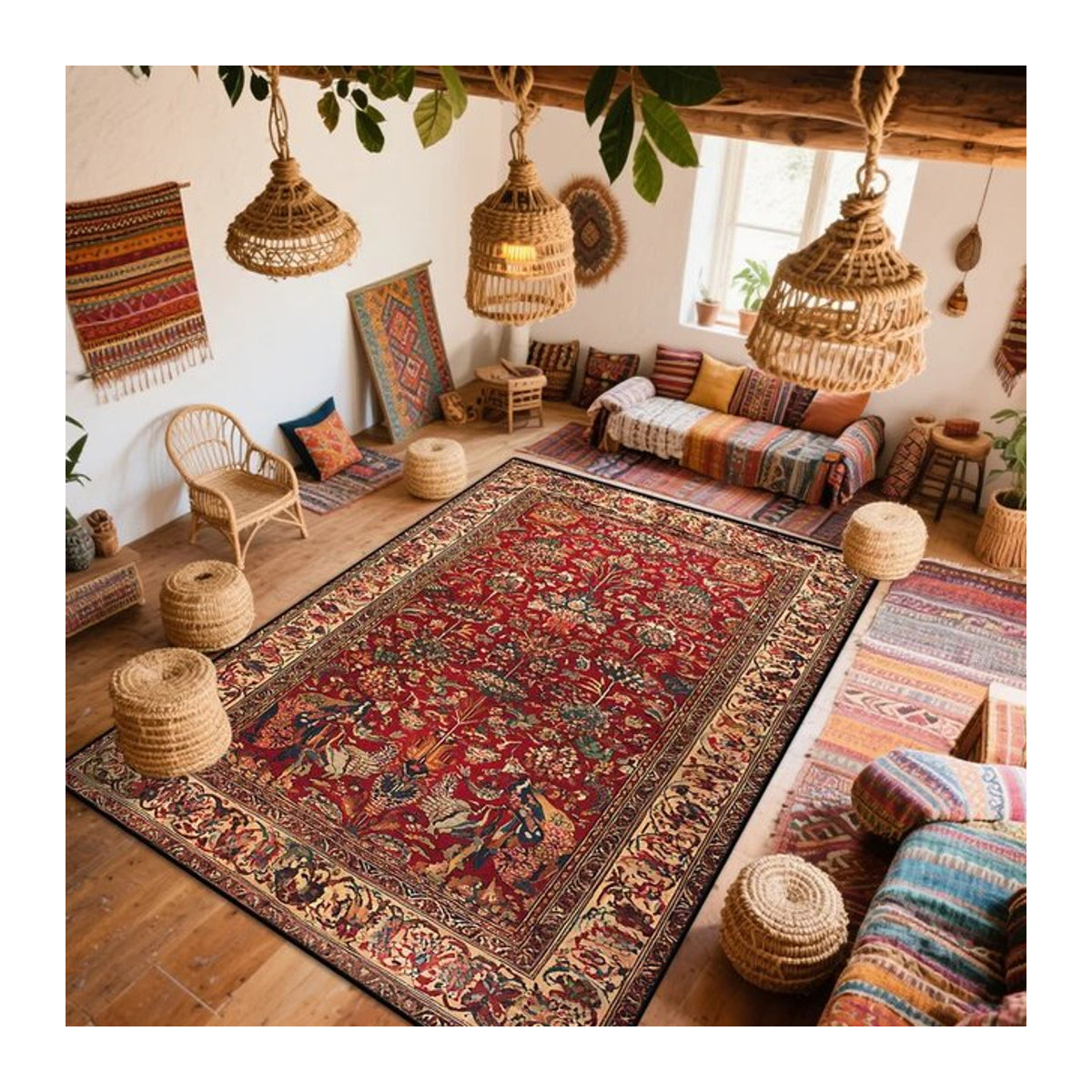 VIKAMA Teppich im böhmischen Stil mit persischem Design in Rot, rutschfest und verschleißfest für Wohnzimmer und Schlafzimmer - Bild 1