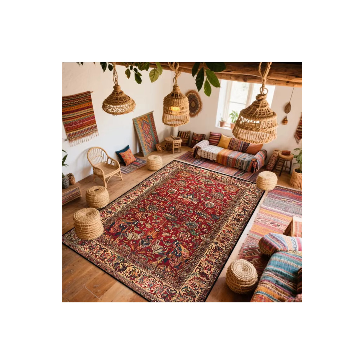 VIKAMA Teppich im böhmischen Stil mit persischem Design in Rot, rutschfest und verschleißfest für Wohnzimmer und Schlafzimmer - Bild 3