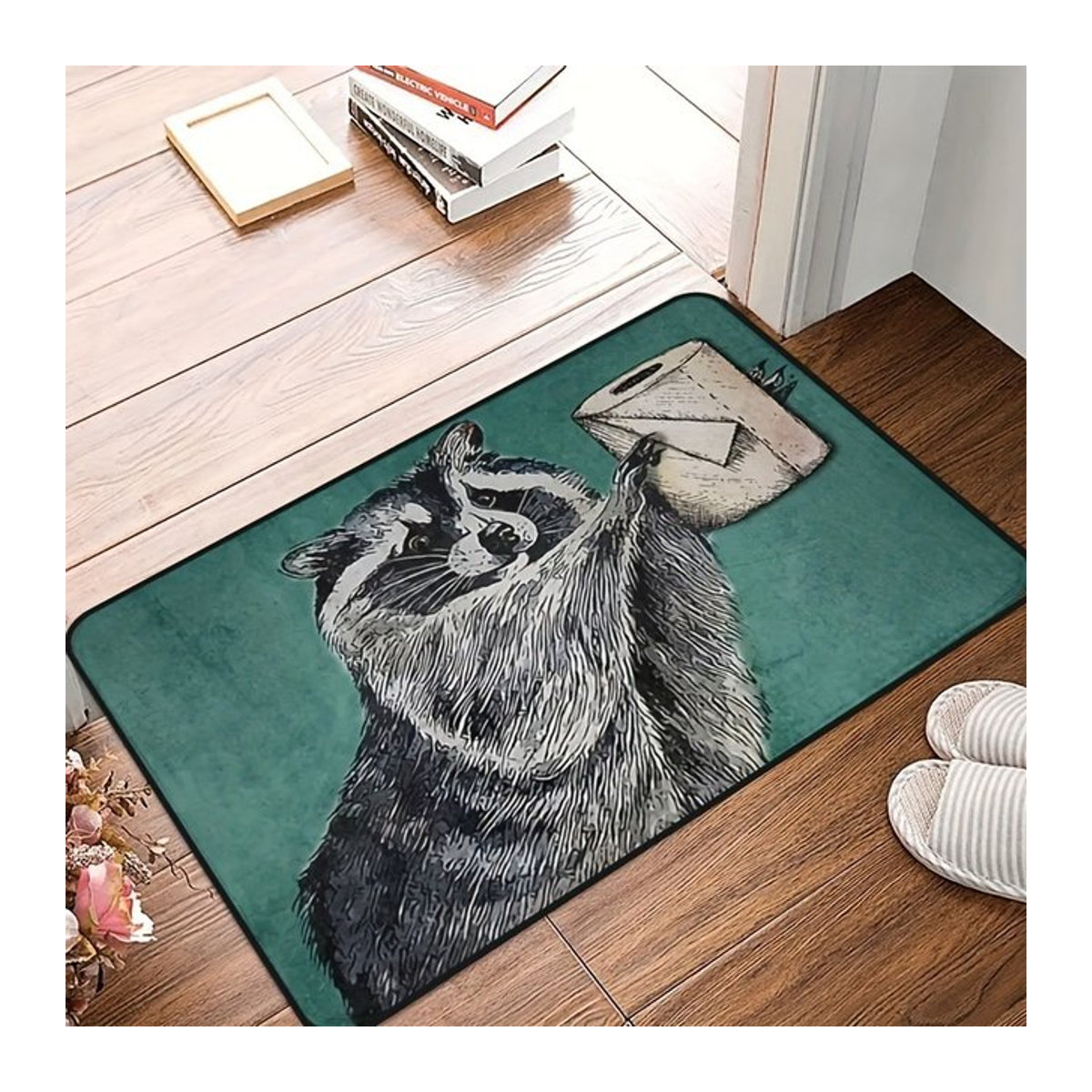VIKAMA Teppich mit Waschbären- und Toilettenpapier-Design in Grün für Innenräume und Veranden - Bild 1