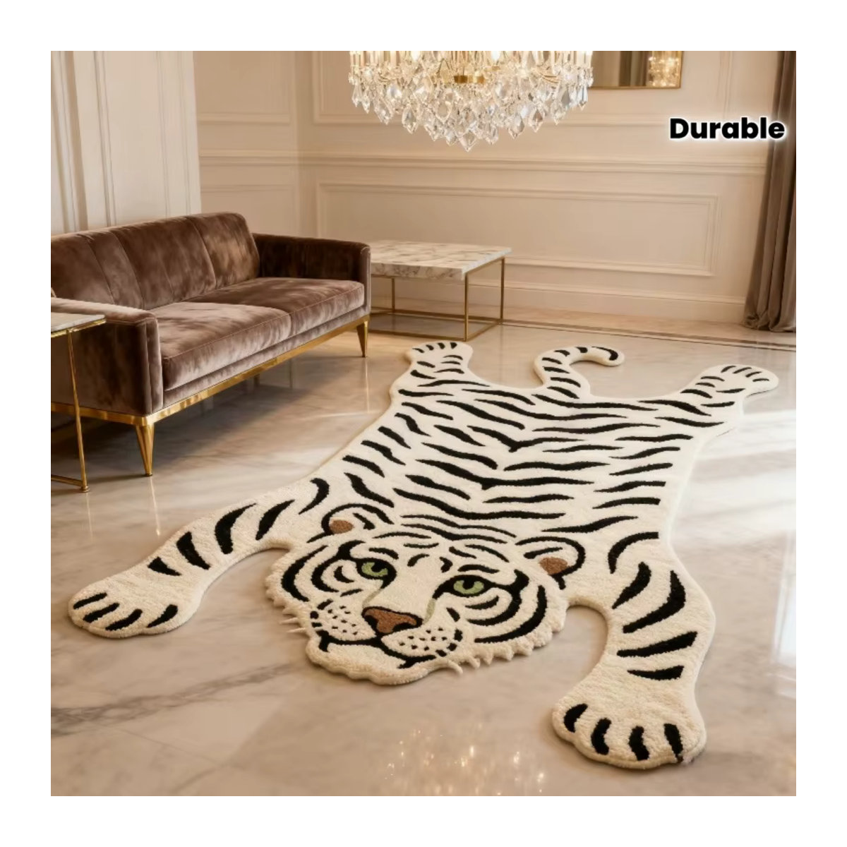 VIKAMA Teppich mit weißem Tiger-Muster, rutschfest und isolierend, ideal für Schlafzimmer, Badezimmer und Flur - Bild 3