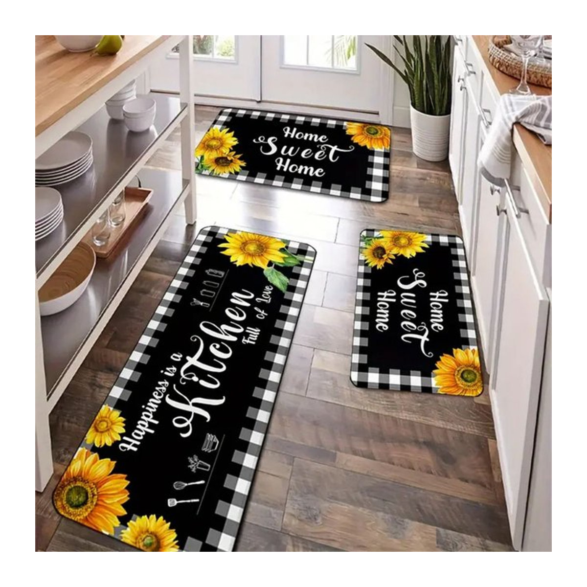 VIKAMA Teppich-Set mit Sonnenblumenmuster in Schwarz für Badezimmer und Küche - Bild 1