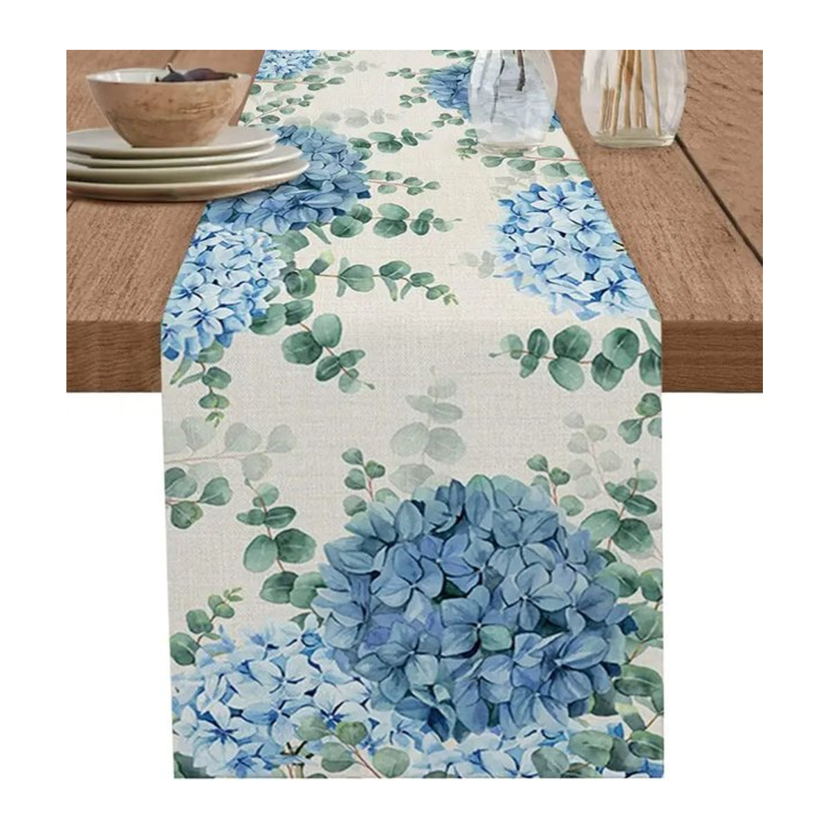 VIKAMA Tischläufer aus Leinen mit blauem Hortensien- und Eukalyptus-Design - Bild 1