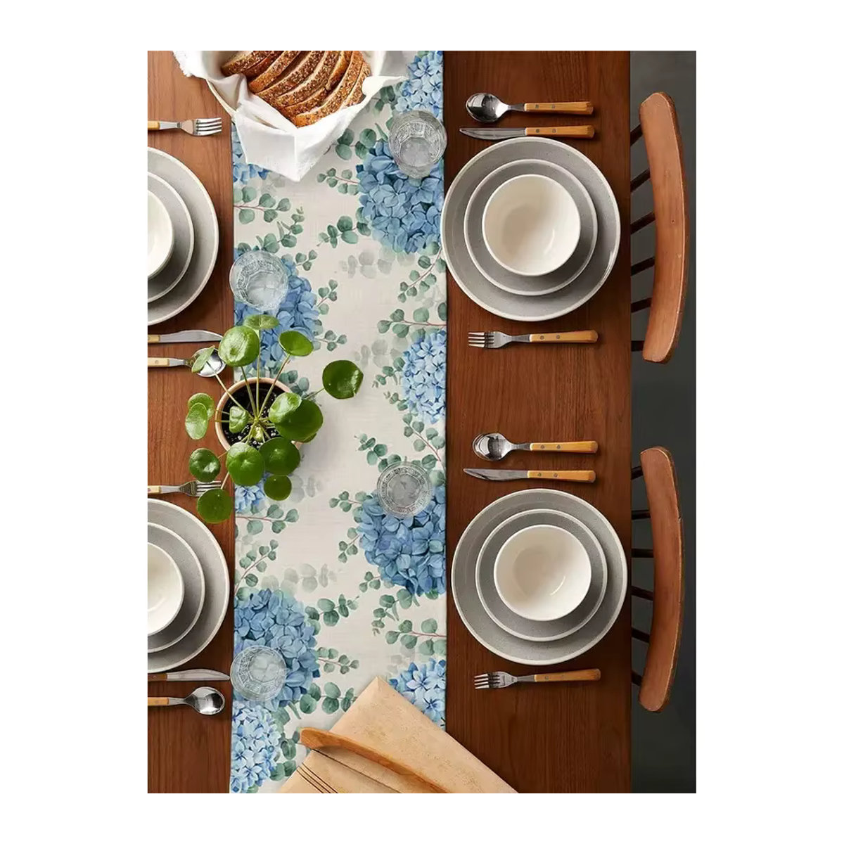 VIKAMA Tischläufer aus Leinen mit blauem Hortensien- und Eukalyptus-Design - Bild 4