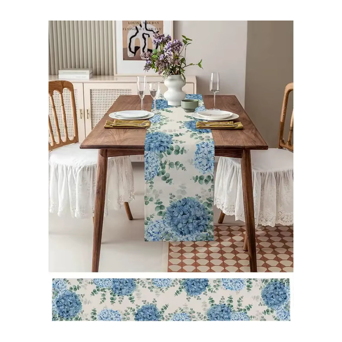 VIKAMA Tischläufer aus Leinen mit blauem Hortensien- und Eukalyptus-Design - Bild 5
