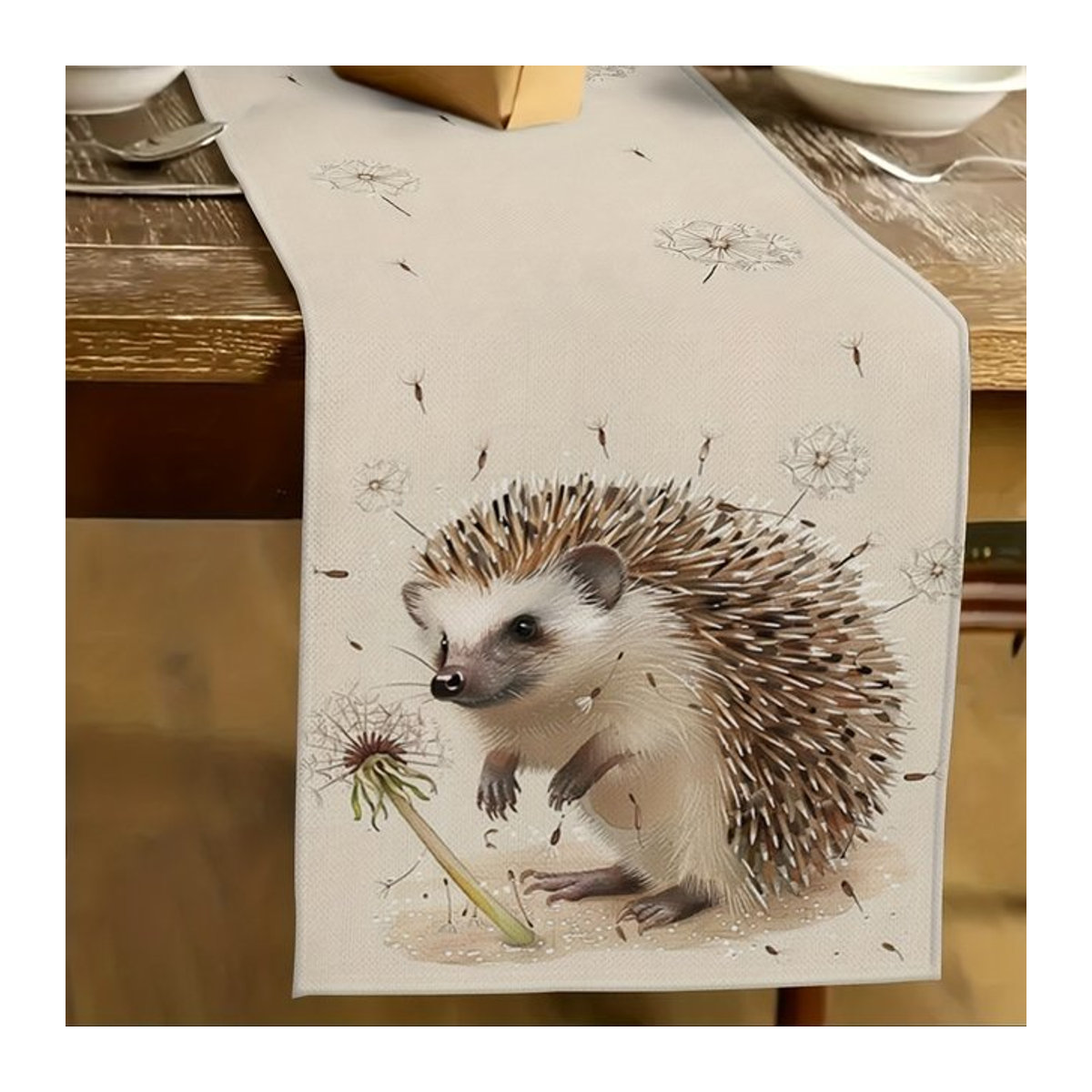 VIKAMA Tischläufer mit Igel-, Löwenzahn- und Blumenmotiven in Grau - Bild 1
