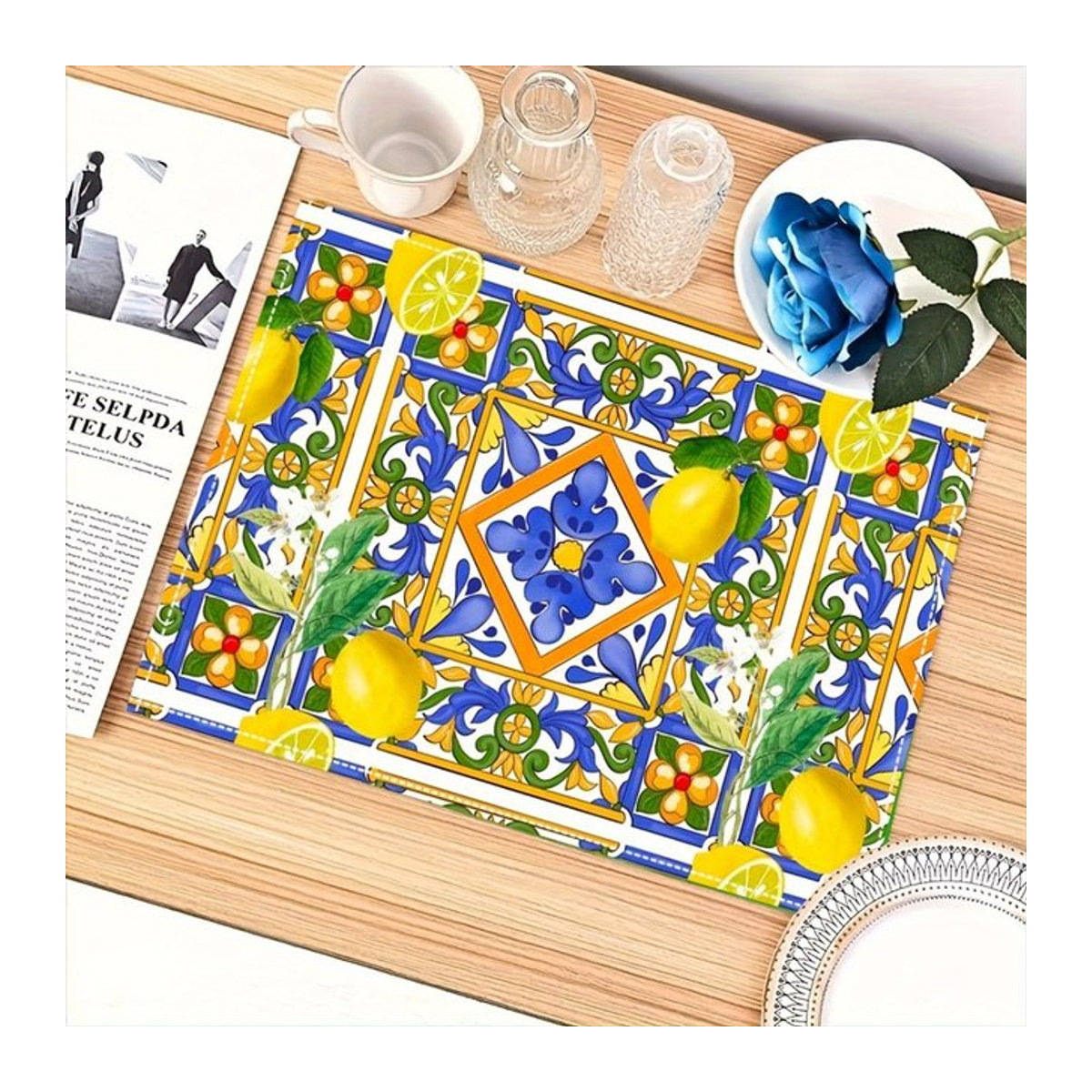 VIKAMA Tischset mit Zitronen- und Blumenmuster in Blau, Gelb und Grün - Bild 1