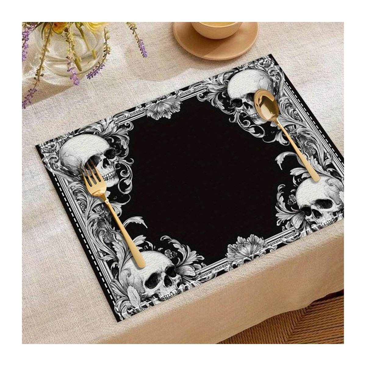 VIKAMA Tischsets Vintage Totenkopf Gothic Floral Mystic Cross Schwarz - Bild 1