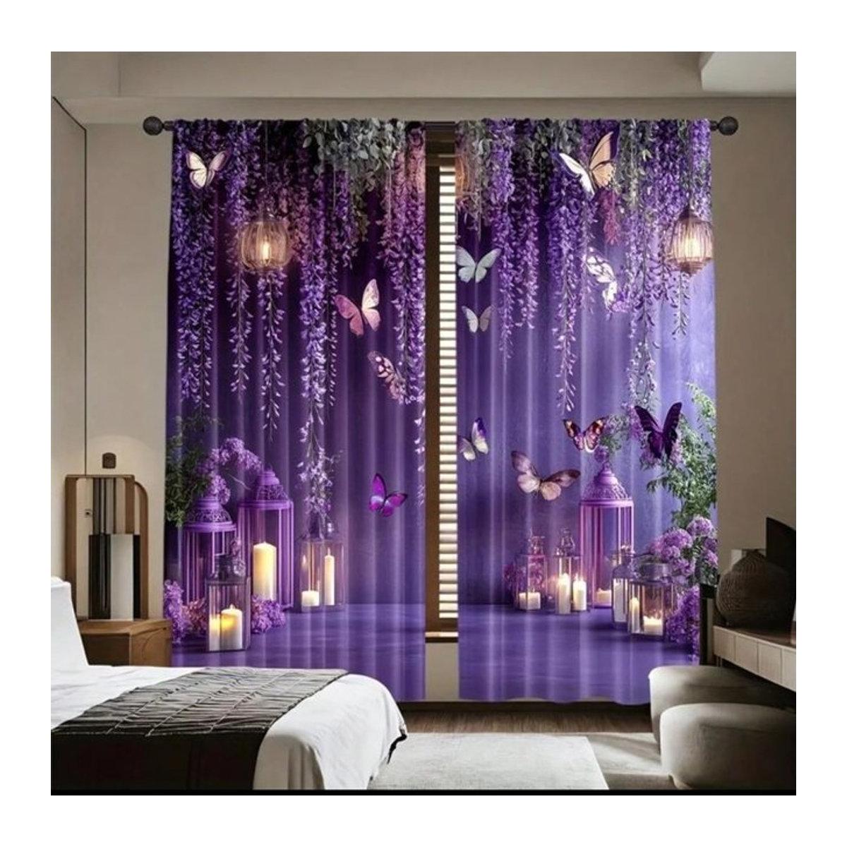 VIKAMA Transparente Vorhänge in Lila mit Blumen-Schmetterling- und Laternenmuster - Bild 1