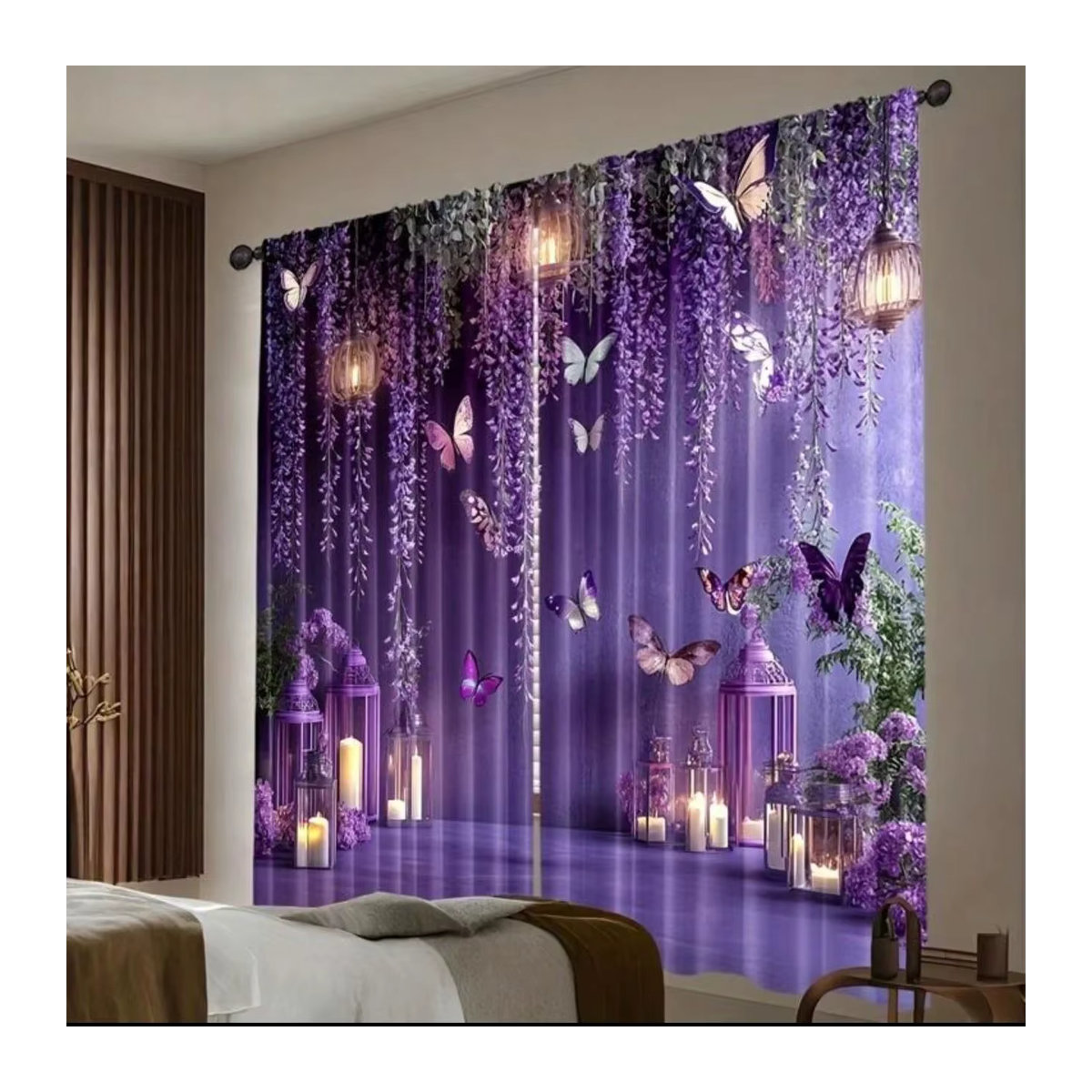 VIKAMA Transparente Vorhänge in Lila mit Blumen-Schmetterling- und Laternenmuster - Bild 2