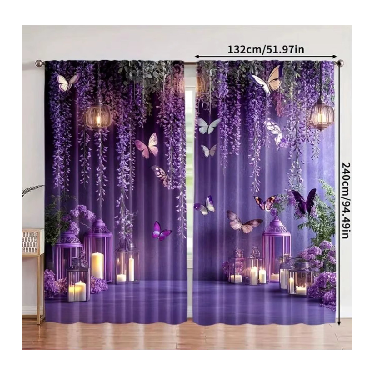 VIKAMA Transparente Vorhänge in Lila mit Blumen-Schmetterling- und Laternenmuster - Bild 3