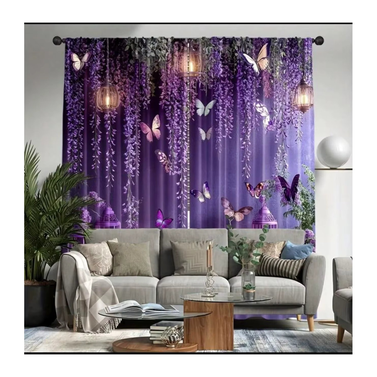 VIKAMA Transparente Vorhänge in Lila mit Blumen-Schmetterling- und Laternenmuster - Bild 4