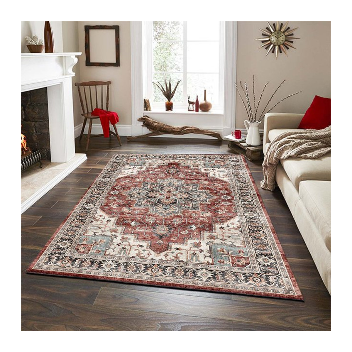 VIKAMA Tribal Teppich in Weinrot im Boho Vintage Design für Wohnzimmer, Schlafzimmer und Esszimmer - Bild 1