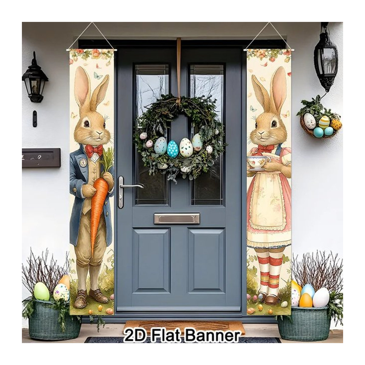 VIKAMA Türbanner im Vintage-Stil mit Hasenpaar als Osterdekoration, mehrfarbig, B/H: 180 x 30 cm - Bild 1