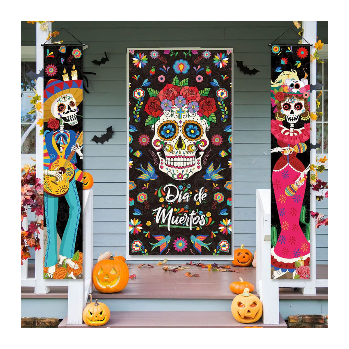 VIKAMA Türbanner Mexikanischer Tag der Toten mit Totenkopf und Blumen, mehrfarbig, H x B x T: 180 x 180 x 30 cm - Bild 3