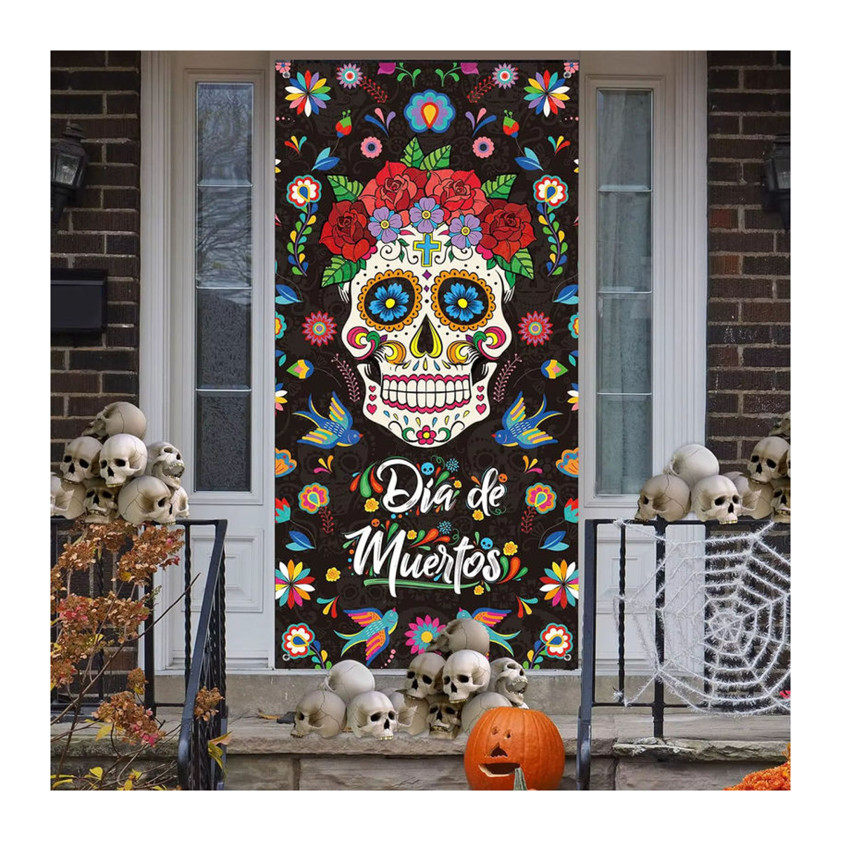 VIKAMA Türbanner Mexikanischer Tag der Toten mit Totenkopf und Blumen, mehrfarbig, H x B x T: 180 x 180 x 30 cm - Bild 5