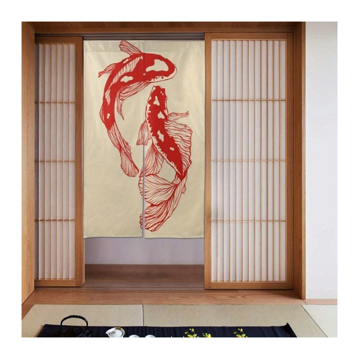 VIKAMA Türvorhang aus Leinen in Beige mit japanischem Koi-Fisch-Motiv als Sichtschutz und Raumteiler - Bild 1