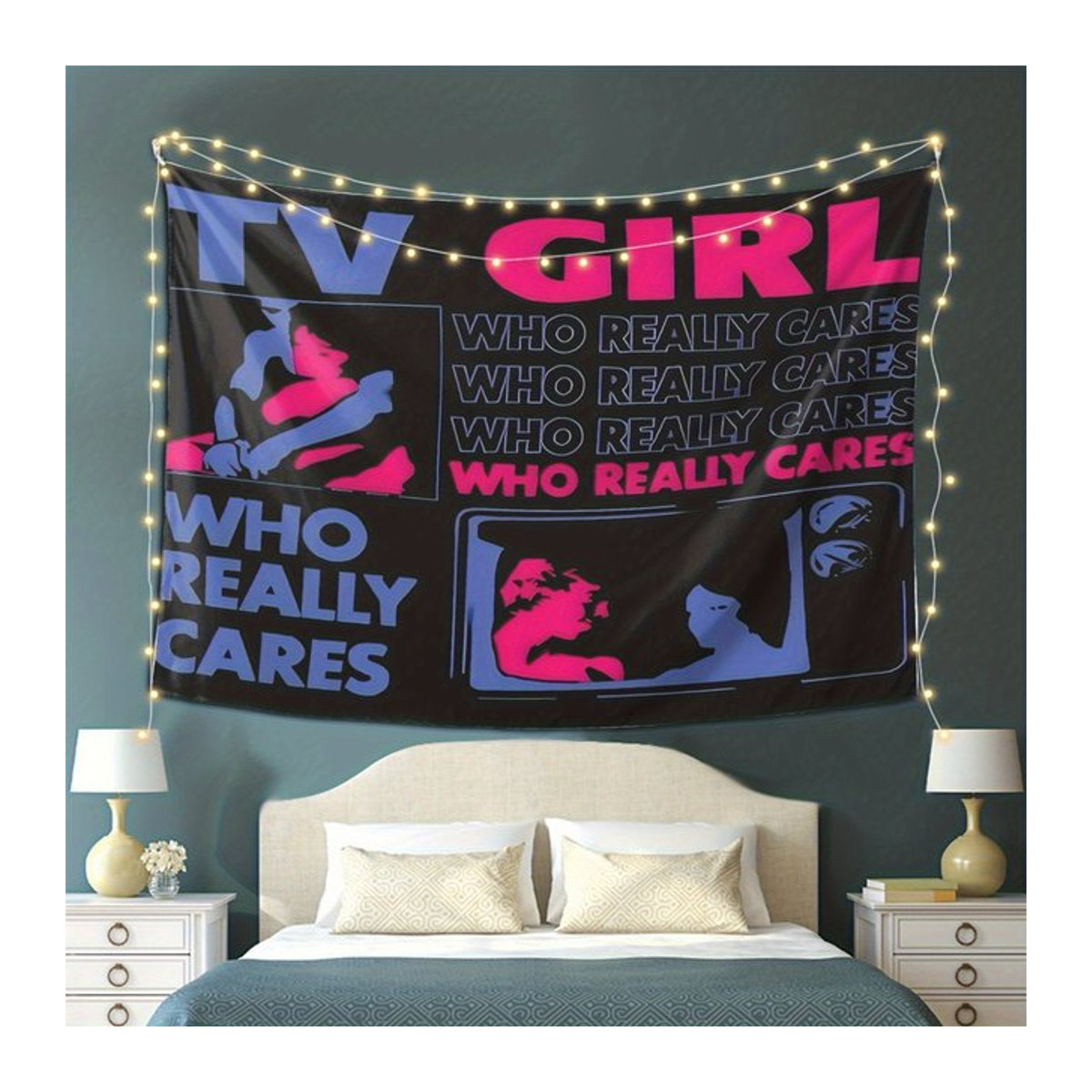 VIKAMA TV GIRL Wandteppich mit Paar-Print in Blau und Rosa, ästhetischer Wandbehang für Schlafzimmer und Wohnzimmer - Bild 1