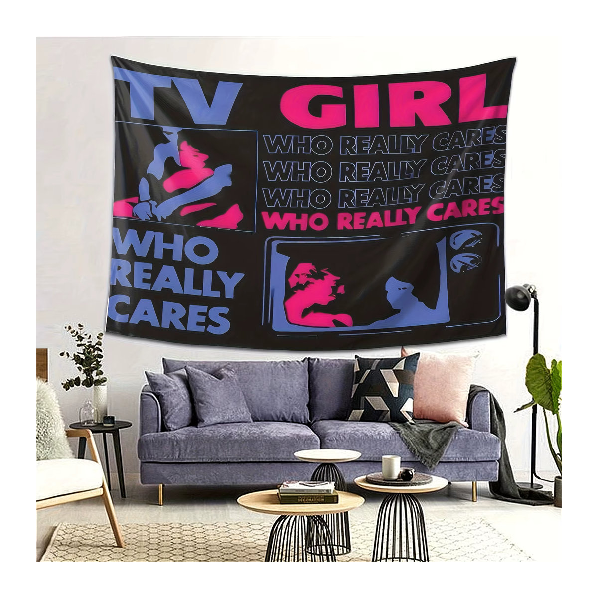 VIKAMA TV GIRL Wandteppich mit Paar-Print in Blau und Rosa, ästhetischer Wandbehang für Schlafzimmer und Wohnzimmer - Bild 2