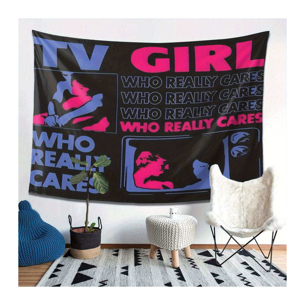 VIKAMA TV GIRL Wandteppich mit Paar-Print in Blau und Rosa, ästhetischer Wandbehang für Schlafzimmer und Wohnzimmer - Bild 4