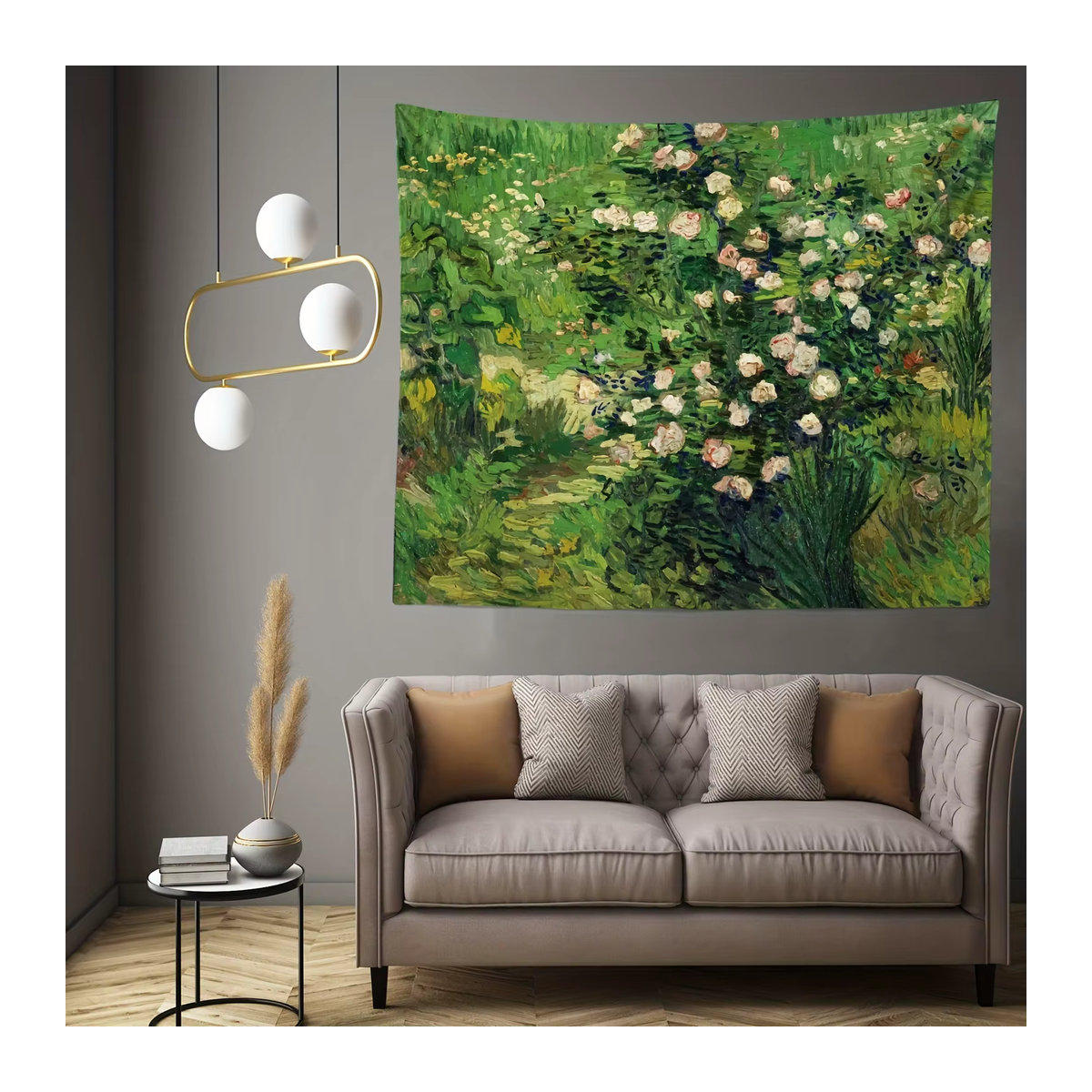 VIKAMA Van Gogh Garten Wandteppich mit floralem Ölgemälde in Grün, rechteckiger Textil-Wandteppich im Vintage-Stil, B/H: 40 x 60 cm - Bild 3