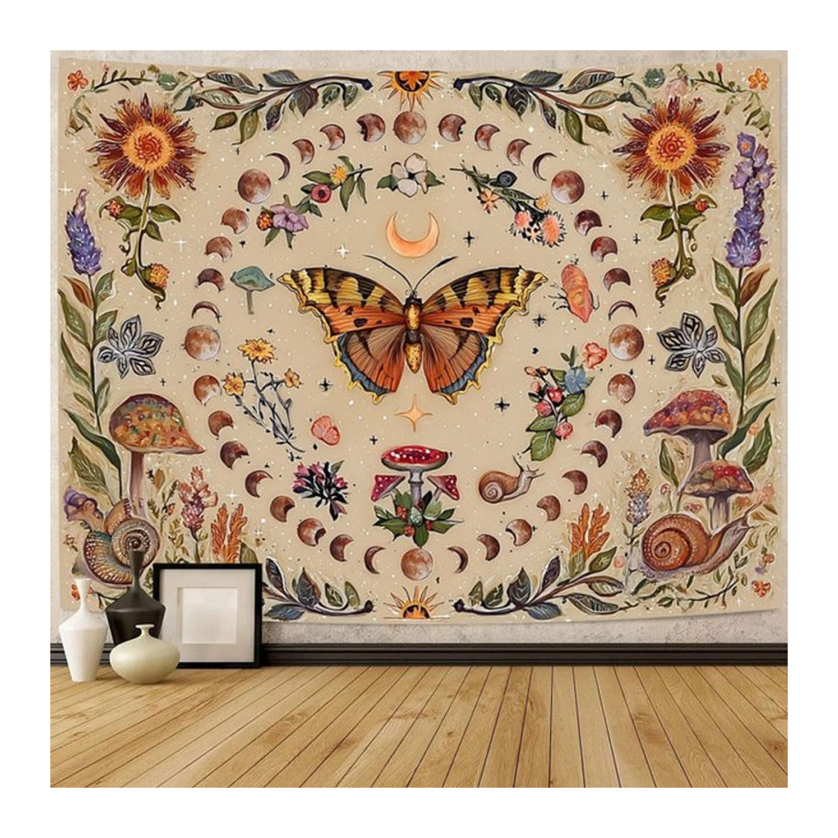 VIKAMA Vintage Bohemian Wandbehang mit Schmetterlingsprint in Beige als ästhetische Textil-Dekoration - Bild 1
