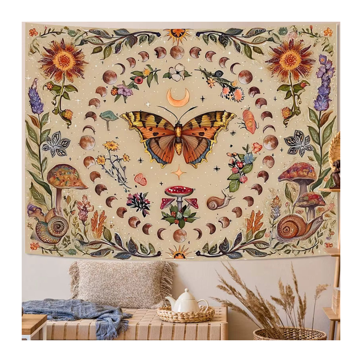 VIKAMA Vintage Bohemian Wandbehang mit Schmetterlingsprint in Beige als ästhetische Textil-Dekoration - Bild 2