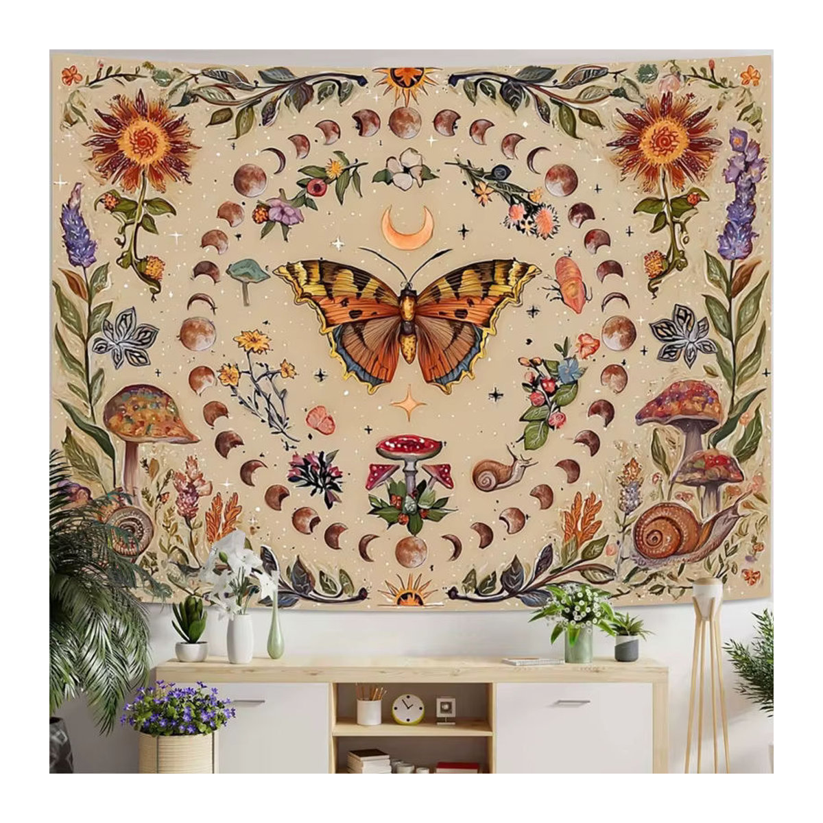 VIKAMA Vintage Bohemian Wandbehang mit Schmetterlingsprint in Beige als ästhetische Textil-Dekoration - Bild 3