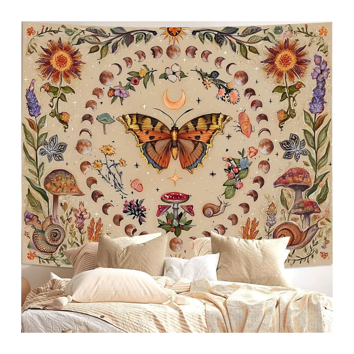 VIKAMA Vintage Bohemian Wandbehang mit Schmetterlingsprint in Beige als ästhetische Textil-Dekoration - Bild 4
