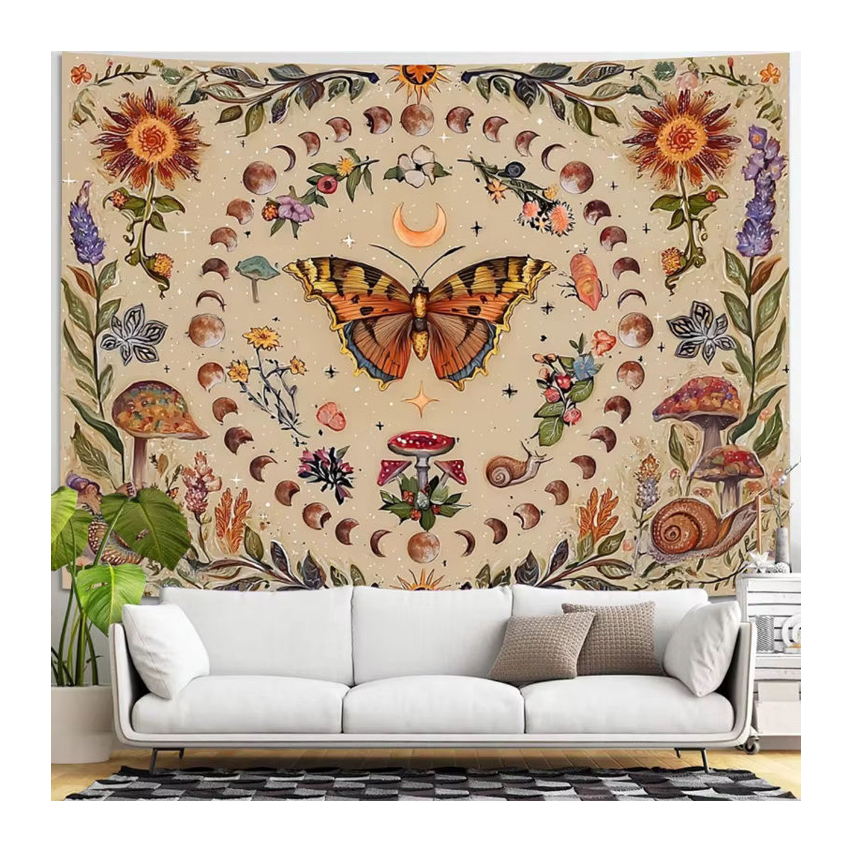 VIKAMA Vintage Bohemian Wandbehang mit Schmetterlingsprint in Beige als ästhetische Textil-Dekoration - Bild 5