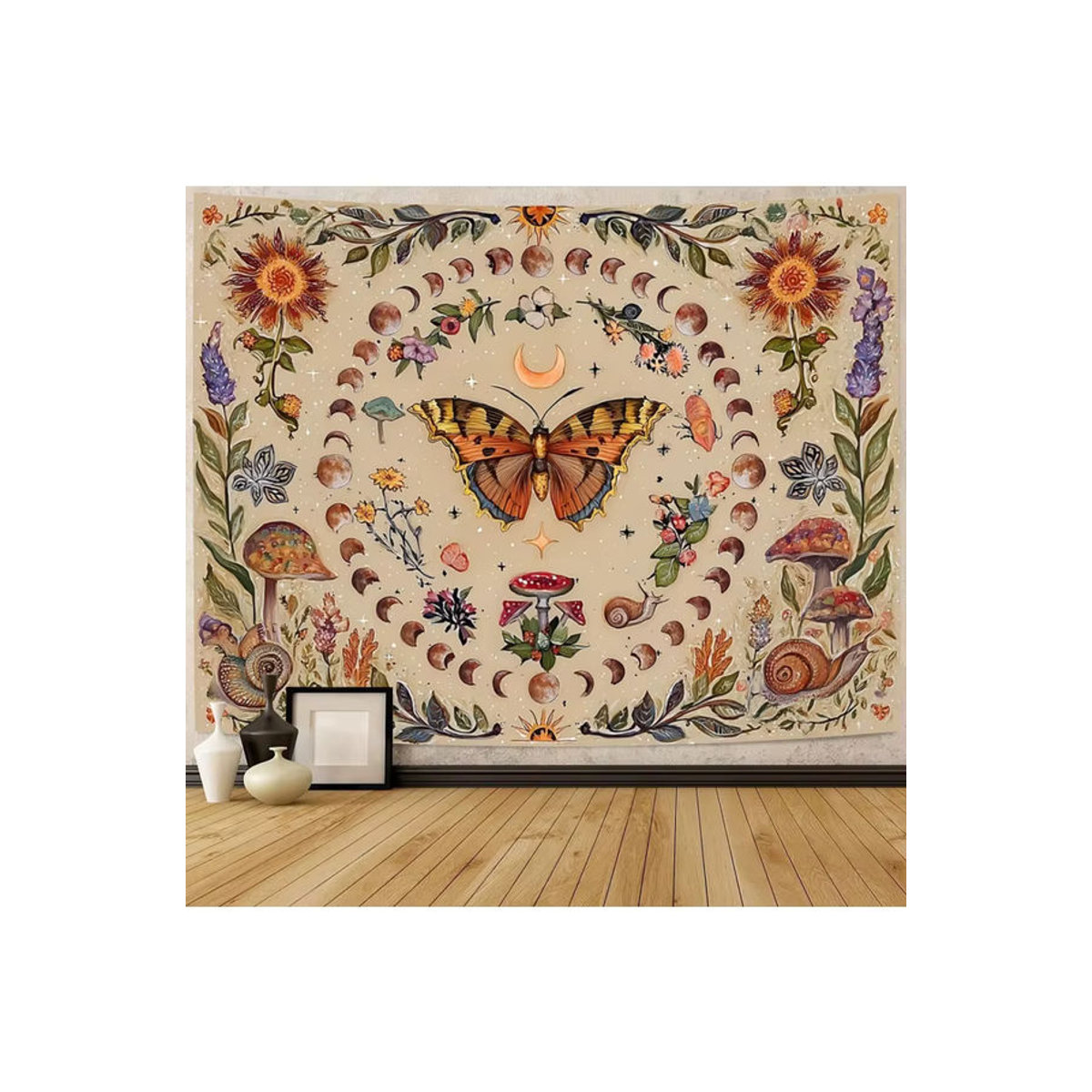 VIKAMA Vintage Bohemian Wandbehang mit Schmetterlingsprint in Beige als ästhetische Textil-Dekoration - Bild 6